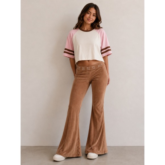 Sanrio Pants - Sanrio Hello Kitty and Friends Brown Ribbed Foldover Flare Pants Small NWOT